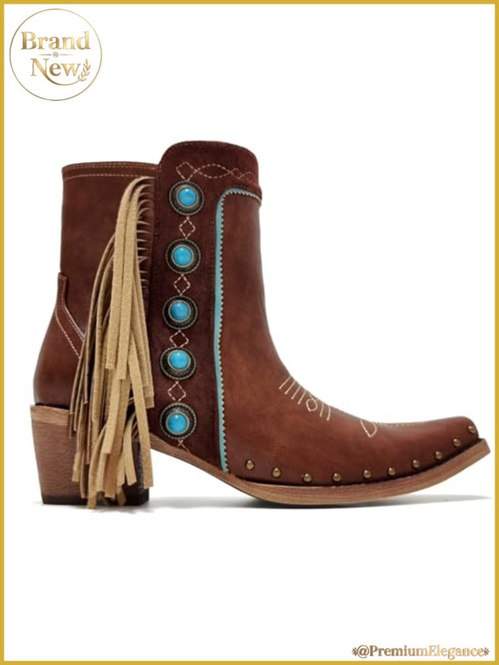 Western Fringe Ankle Booties Studded Cowboy Boots Turquoise Zip